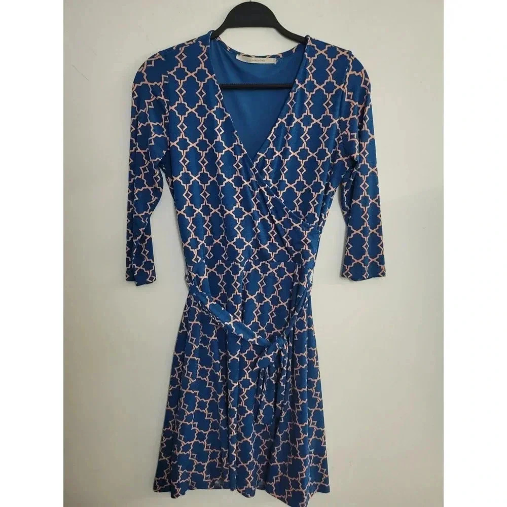 41 Hawthorn Teal Blue Peach Geometric Wrap Dress 3/4 Sleeve Small - Picture 7 of 9